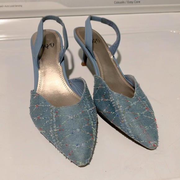 Light blue tweed fabric sling back heels shoes women’s 9.5 - Picture 1 of 8